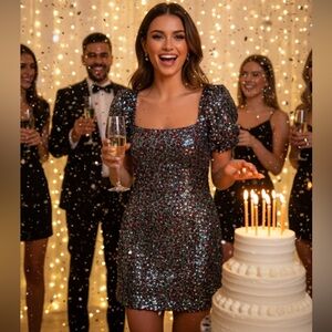 💙NWT Event Blue Red & Silver Sparkle Sequin A line puff sleeve Mini dress. Small